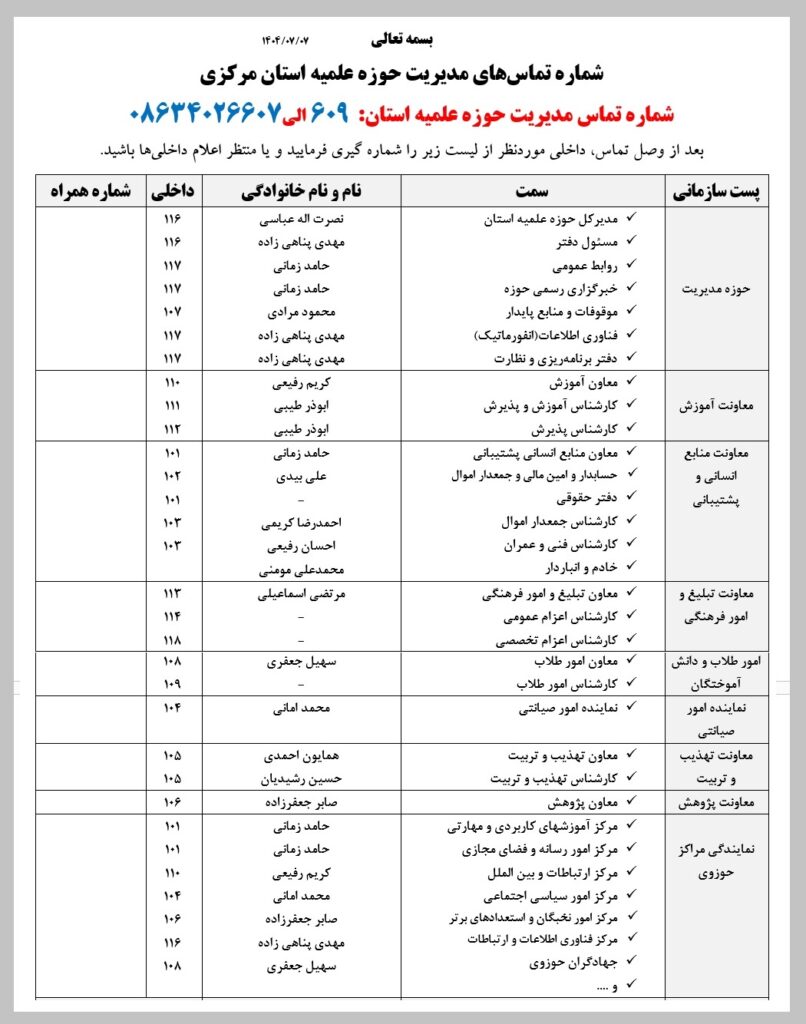 شماره تماس مدیریت حوزه علمیه استان مرکزی
